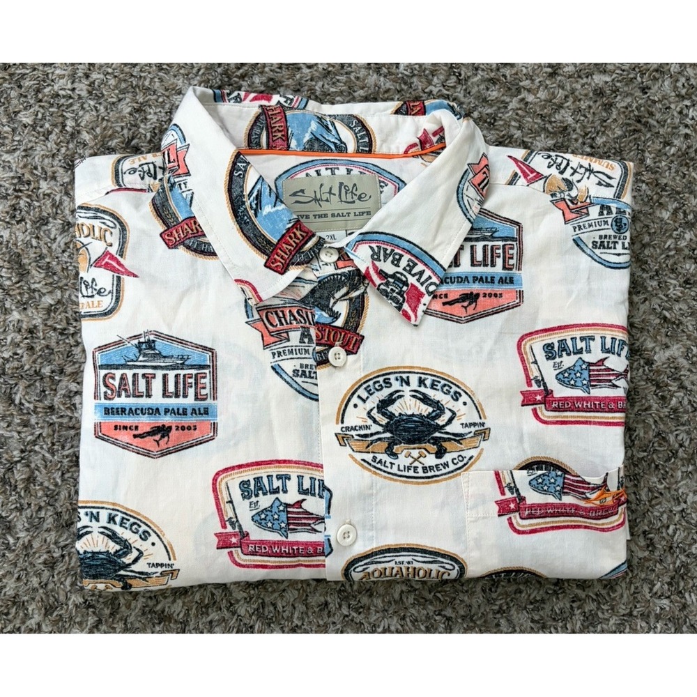 Salt Life Button Up Shirt 2XL All Over Print Fishing Short Sleeve